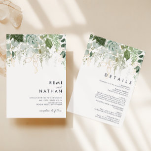 Greenery and Gold Leaf All In One Wedding Invitation