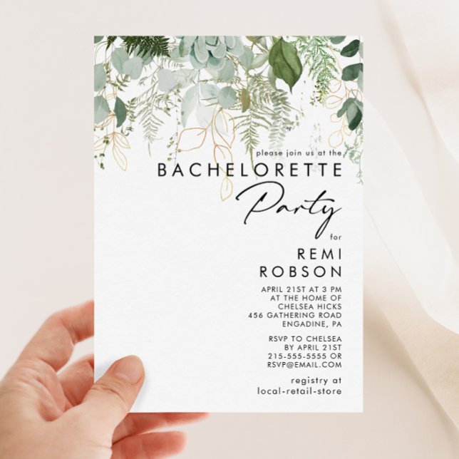 Greenery and Gold Leaf Bachelorette Party Invitation (Creator Uploaded)