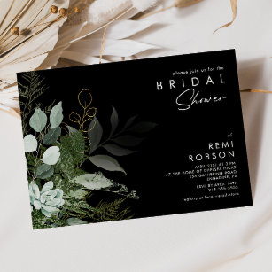 Greenery and Gold Leaf Black   Bridal Shower Invitation