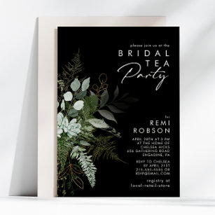 Greenery and Gold Leaf   Black Bridal Tea Party Invitation