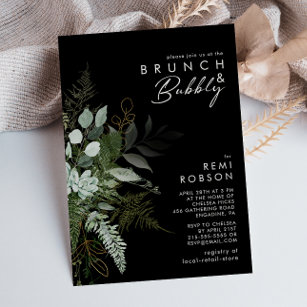 Greenery and Gold Leaf   Black Brunch and Bubbly Invitation