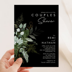 Greenery and Gold Leaf Black   Couples Shower Invitation