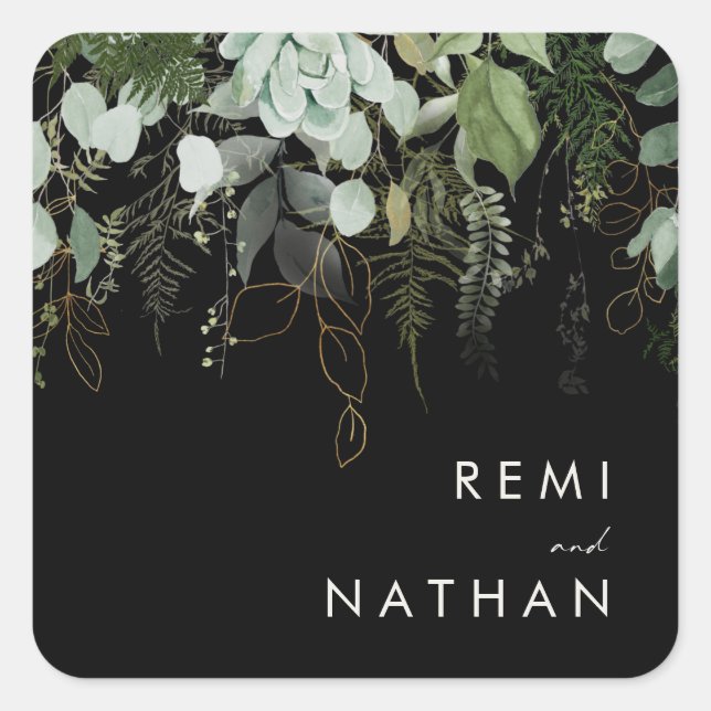Greenery and Gold Leaf | Black Envelope Seals  (Front)