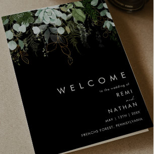 Greenery and Gold Leaf   Black Folded Wedding Program