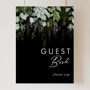 Greenery and Gold Leaf   Black Guest Book Sign