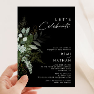Greenery and Gold Leaf   Black Let's Celebrate Invitation