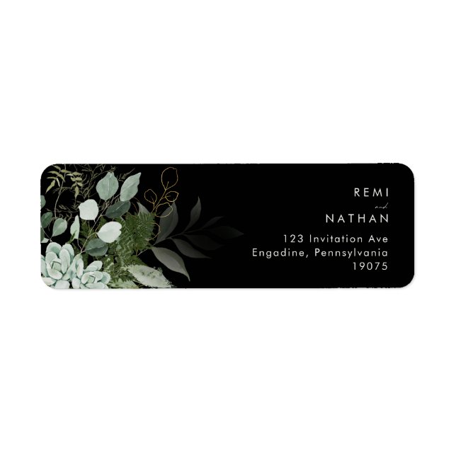 Greenery and Gold Leaf | Black Return Address Label (Front)