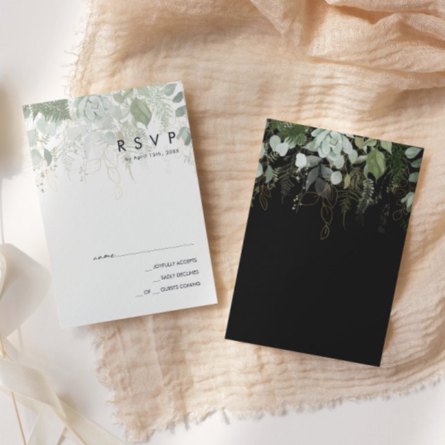 Greenery and Gold Leaf | Black RSVP Card (Creator Uploaded)