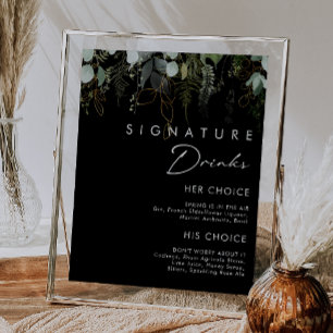 Greenery and Gold Leaf Black Signature Drinks Sign