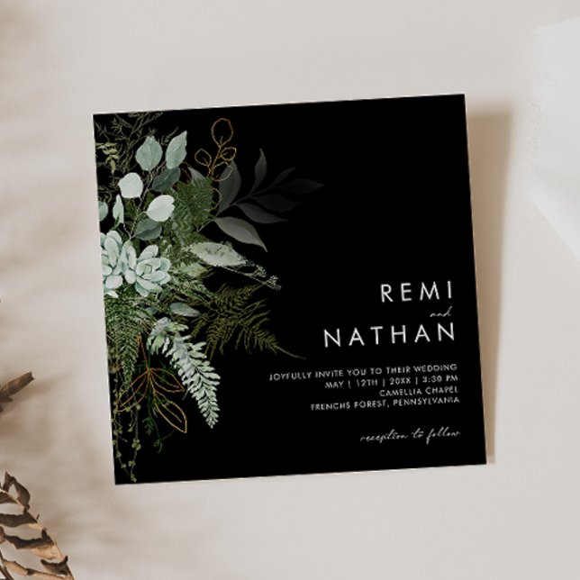Greenery and Gold Leaf | Black Square Wedding Invitation (Creator Uploaded)