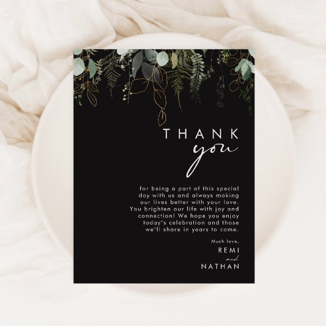 Greenery and Gold Leaf | Black Thank You Card (Creator Uploaded)