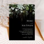Greenery and Gold Leaf | Black Wedding Invitation<br><div class="desc">We designed this Greenery and Gold Leaf | black wedding invitation to complete your simple yet elegant boho wedding. It features modern green and white eucalyptus leaf, fern foliage, a succulent flower, and minimal gold foil leaves. These elements give the feel of a whimsical watercolor enchanted forest, perfect for any...</div>
