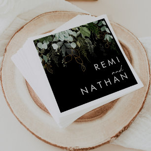 Greenery and Gold Leaf   Black Wedding Napkin