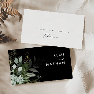 Greenery and Gold Leaf   Black Wedding Place Card