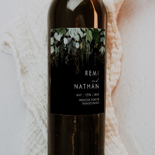 Greenery and Gold Leaf   Black Wedding Wine Label