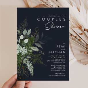 Greenery and Gold Leaf   Dark Navy Couples Shower Invitation