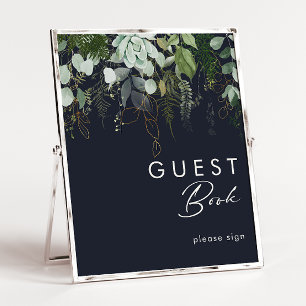 Greenery and Gold Leaf Dark Navy Guest Book Sign