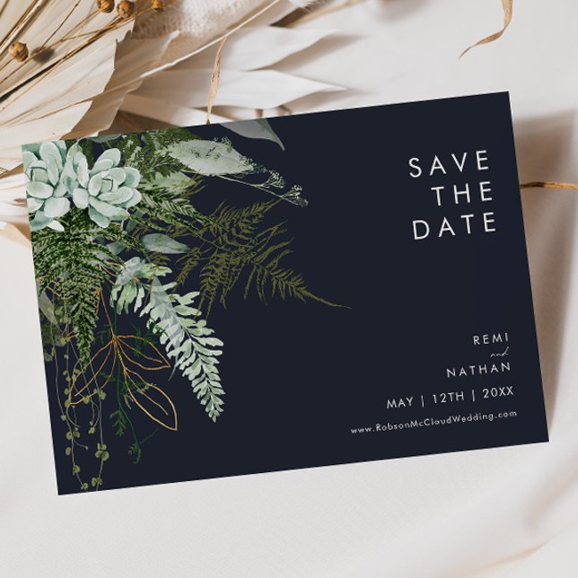 Greenery and Gold Leaf | Dark Navy Horizontal  Save The Date (Creator Uploaded)