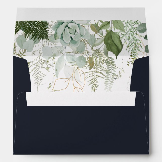 Greenery and Gold Leaf | Dark Navy Invitation Envelope (Back (Bottom))