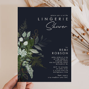 Greenery and Gold Leaf   Dark Navy Lingerie Shower Invitation