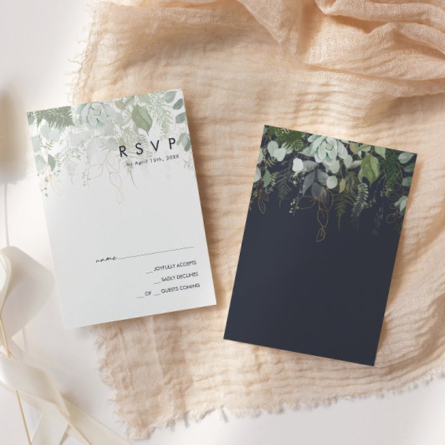 Greenery and Gold Leaf | Dark Navy RSVP Card (Creator Uploaded)