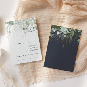 Greenery and Gold Leaf Dark Navy Song Request RSVP Card