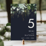 Greenery and Gold Leaf | Dark Navy Table Number<br><div class="desc">We designed this greenery and gold leaf | dark navy table number to complete your simple yet elegant boho wedding. It features modern green and white eucalyptus leaf, fern foliage, a succulent flower, and minimal gold foil leaves. These elements give the feel of a whimsical watercolor enchanted forest, perfect for...</div>