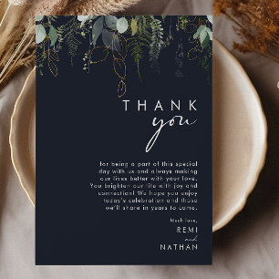 Greenery and Gold Leaf   Dark Navy Thank You Card