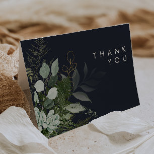 Greenery and Gold Leaf   Dark Navy Thank You Card