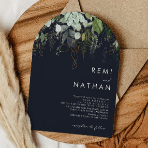 Greenery and Gold Leaf Dark Navy Wedding Arch Invitation