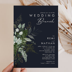 Greenery and Gold Leaf   Dark Navy Wedding Brunch Invitation