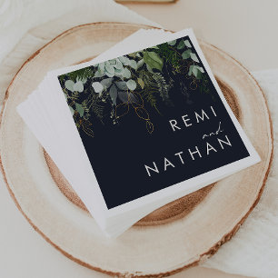 Greenery and Gold Leaf   Dark Navy Wedding Napkins