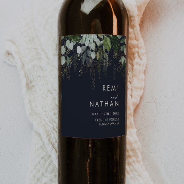 Greenery and Gold Leaf | Dark Navy Wedding Wine Label (Creator Uploaded)
