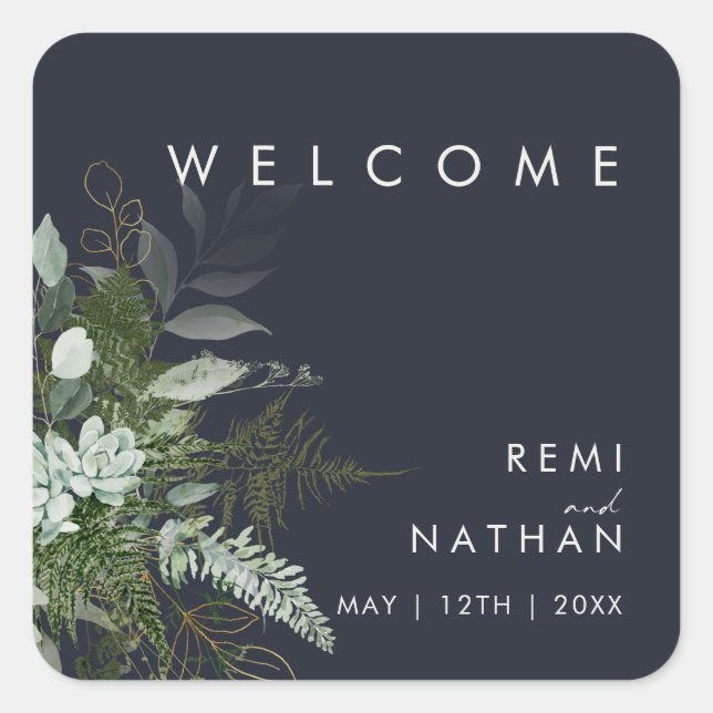 Greenery and Gold Leaf Dark Navy Welcome Sticker  (Front)