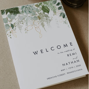 Greenery and Gold Leaf Folded Wedding Program