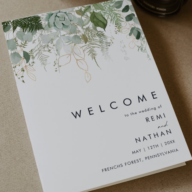 Greenery and Gold Leaf Folded Wedding Program (Creator Uploaded)