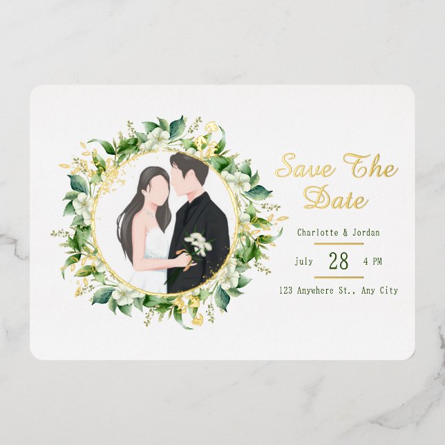 Greenery and Gold Leaf Horizontal Save The Date (Front)