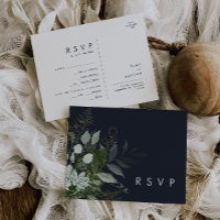 Greenery and Gold Leaf Navy Menu Choice RSVP Card