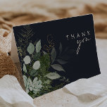 Greenery and Gold Leaf Script | Dark Navy Thank You Card<br><div class="desc">We designed this greenery and gold leaf script | dark navy thank you card to complete your simple yet elegant boho wedding. It features modern green and white eucalyptus leaf, fern foliage, a succulent flower, and minimal gold foil leaves. These elements give the feel of a whimsical watercolor enchanted forest,...</div>