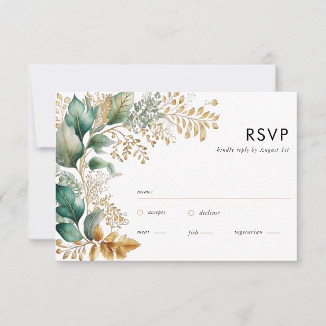 Greenery and Gold Leaf Square Sage RSVP Card (Front)