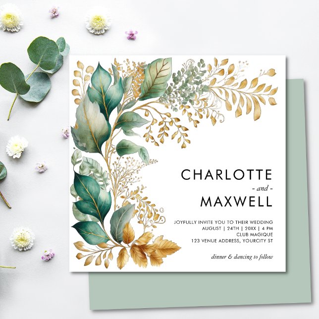 Greenery and Gold Leaf Square Sage Wedding Invitation (Creator Uploaded)