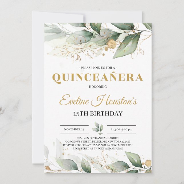 Greenery and gold leaves eucalyptus quinceanera invitation (Front)