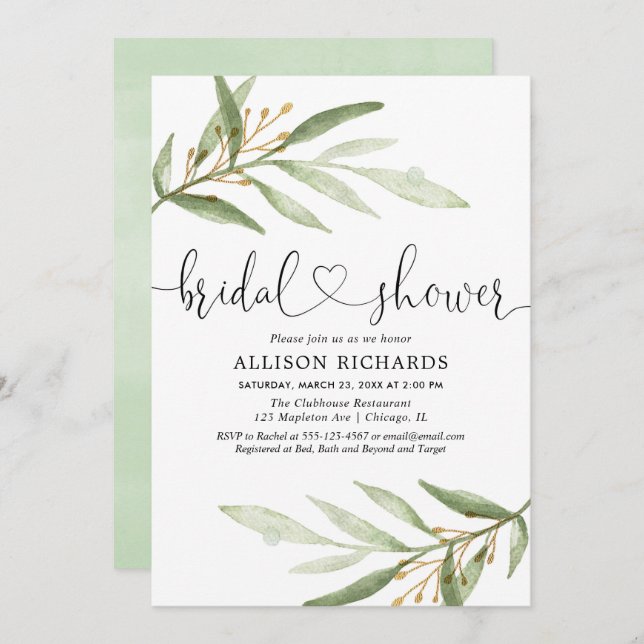 Greenery and gold leaves watercolor bridal shower invitation (Front/Back)