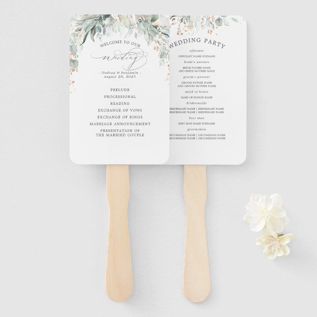 Greenery and Gold Leaves Wedding Program Hand Fan (Front and Back)