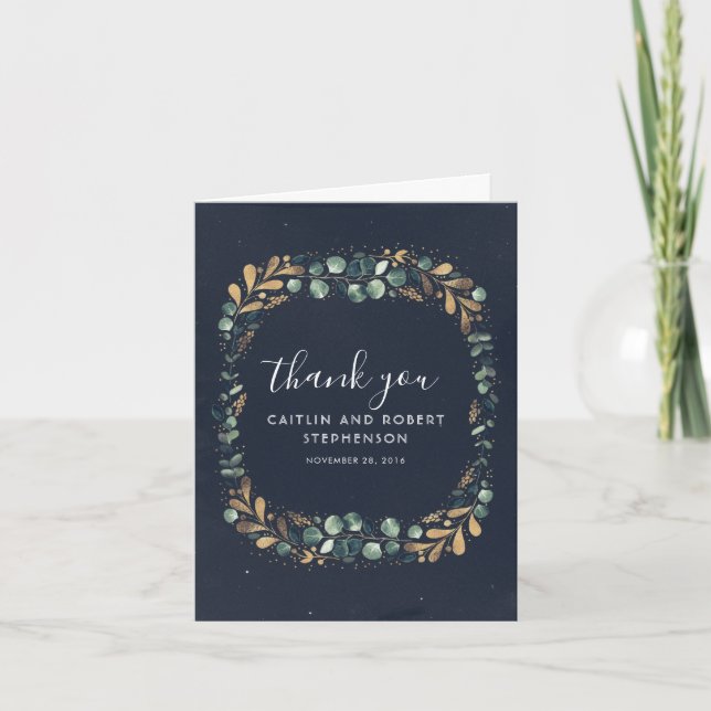 Greenery and Gold Navy Blue Thank You Card (Front)