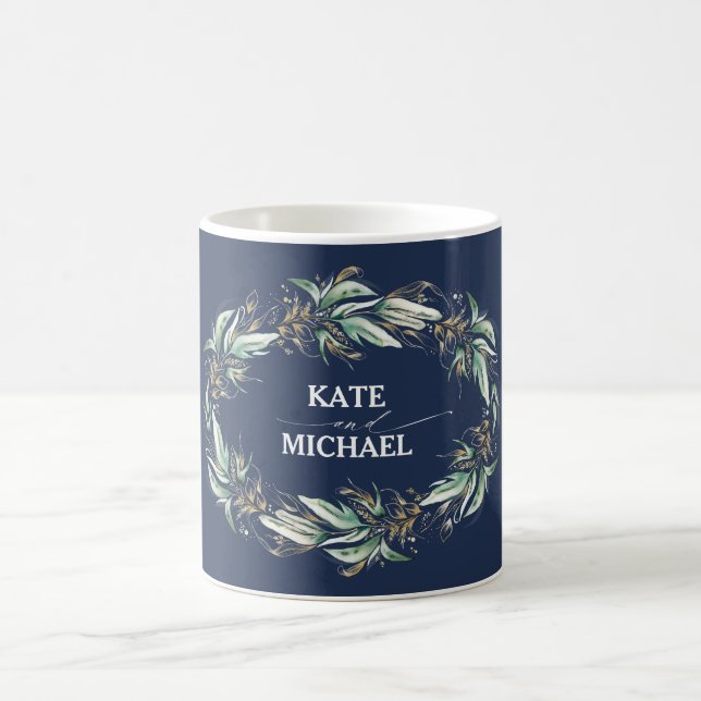 Greenery and Gold Navy Blue Wreath Elegant Coffee Mug (Center)