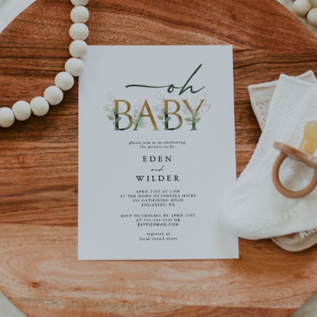Greenery and Gold Oh Baby! Baby Shower Invitation (Creator Uploaded)