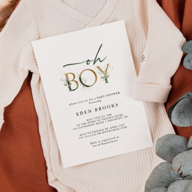 Greenery and Gold Oh Boy Baby Shower Invitation (Creator Uploaded)
