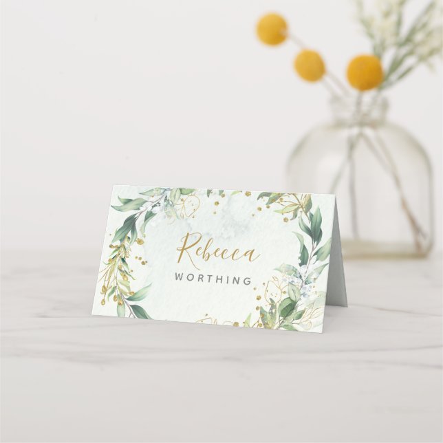 Greenery and gold place card, boho wedding place card (Front)
