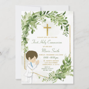 Greenery and Gold Praying Boy First Holy Communion Invitation